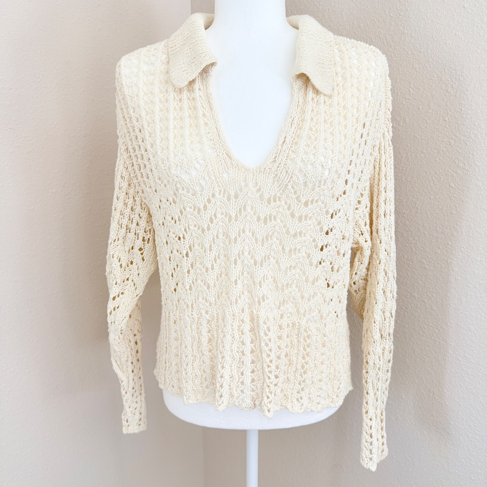 American Eagle Crochet Knit Sweater Small Cream Cottagecore Boho Coastal Chic